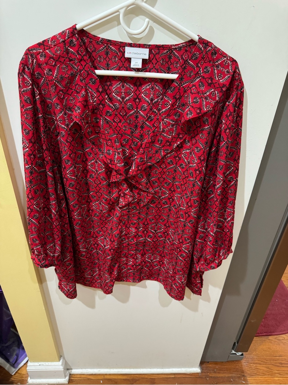 Liz Claiborne Red Paisley Ruffle V-Neck Blouse